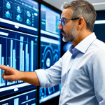 A professional male chemical engineer in his 40s, wearing a crisp, modest business casual shirt, stands in a modern, brightly lit control room. He is intently viewing a large, transparent holographic display showing a complex 3D simulation of a chemical process flow diagram, with real-time data flowing through pipes and reactors. His other hand gestures towards the display, indicating analysis and optimization. The background features sleek control panels and subtle plant schematics. The scene emphasizes innovation, data-driven efficiency, and professional planning. Perfect anatomy, correct proportions, natural pose, well-formed hands, proper finger count, natural body proportions. Fully clothed, appropriate attire, professional dress, safe for work, appropriate content, professional, family-friendly, high-quality, professional photography, cinematic lighting.