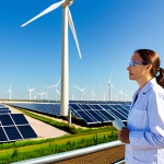 A professional female engineer, fully clothed in a modest lab coat and safety glasses, meticulously observing a large-scale, futuristic water electrolysis plant. The background showcases an expansive industrial facility with sleek wind turbines and solar panel arrays under a bright, clear sky, symbolizing green energy production. The setting emphasizes innovation and sustainability. safe for work, appropriate content, fully clothed, professional, perfect anatomy, correct proportions, natural pose, well-formed hands, proper finger count, natural body proportions, professional photography, high quality, intricate details.