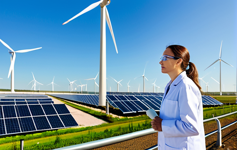 A professional female engineer, fully clothed in a modest lab coat and safety glasses, meticulously observing a large-scale, futuristic water electrolysis plant. The background showcases an expansive industrial facility with sleek wind turbines and solar panel arrays under a bright, clear sky, symbolizing green energy production. The setting emphasizes innovation and sustainability. safe for work, appropriate content, fully clothed, professional, perfect anatomy, correct proportions, natural pose, well-formed hands, proper finger count, natural body proportions, professional photography, high quality, intricate details.