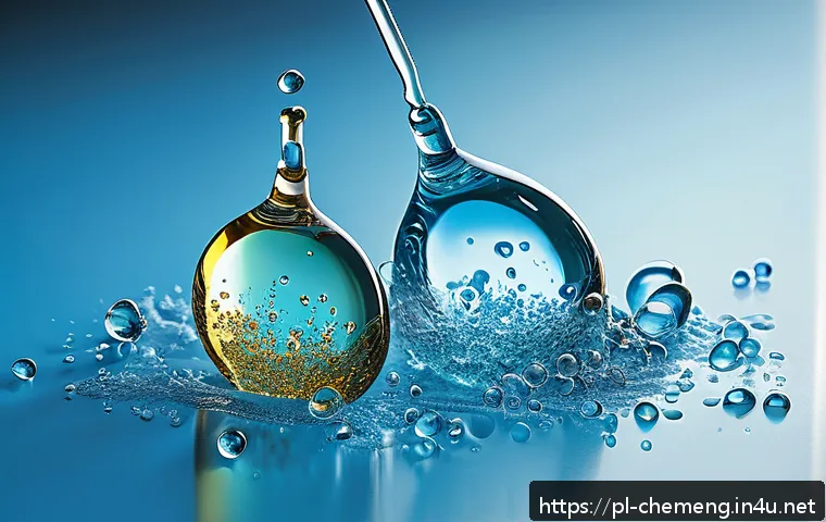 계면활성제와 계면화학 - A highly detailed molecular illustration showing detergent molecules with distinct hydrophilic (wate...