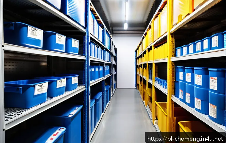 위험물 관리 및 산업안전 - A modern industrial chemical storage room in Poland, featuring clearly labeled containers with hazar...