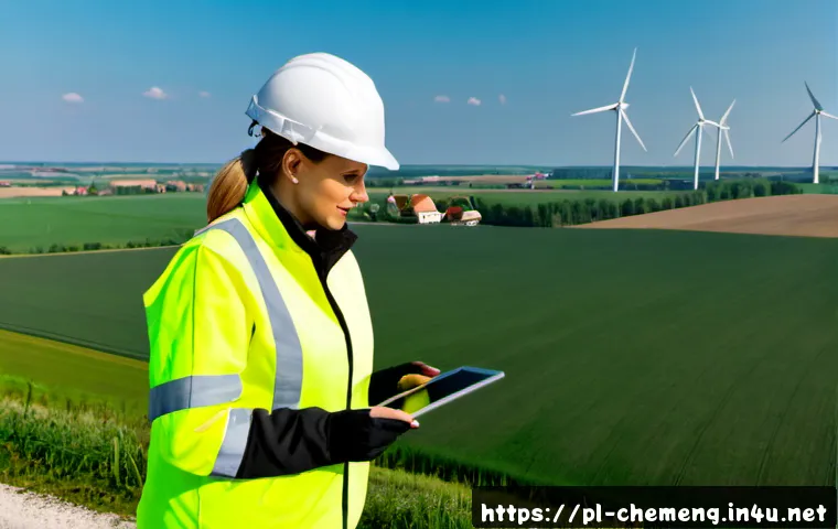 에너지공학 - Photorealistic energy engineering scene in rural Poland, female engineer in a high-visibility safety...